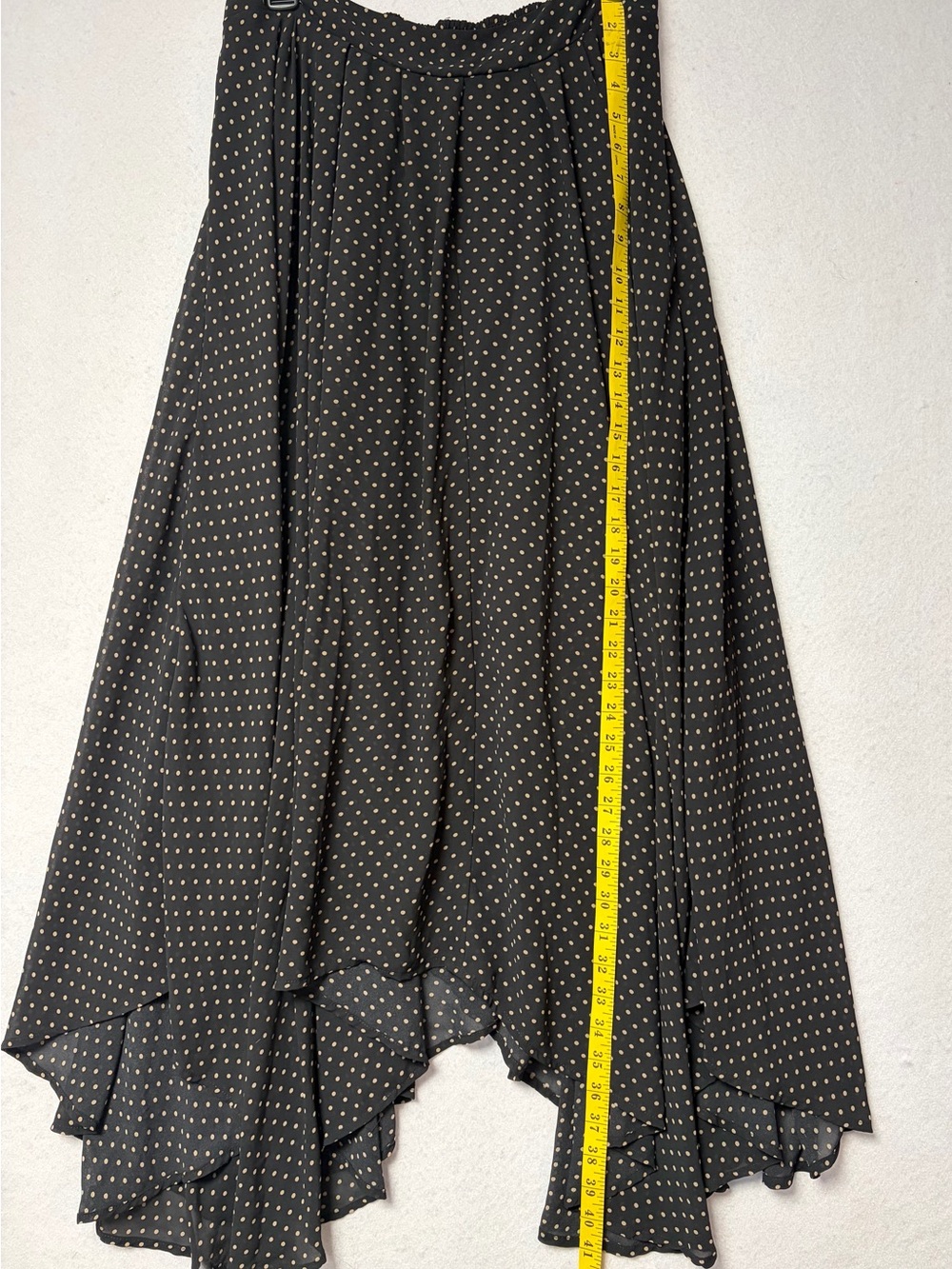 Free People Black Tan Polka Dot Asymmetrical Handkerchief Maxi Skirt Boho Size L - Picture 8 of 9